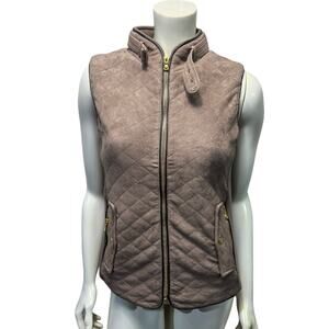 Quilted Vest Taupe Faux Suede Puffer Gold Hardware Ribbed Side Panels Size M